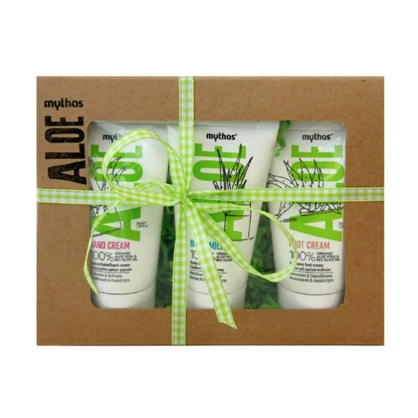 mythos aloe gift set body milk hand cream and foot cream