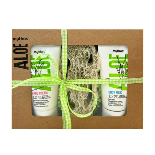 mythos aloe gift set hand cream body milk loofah sponge